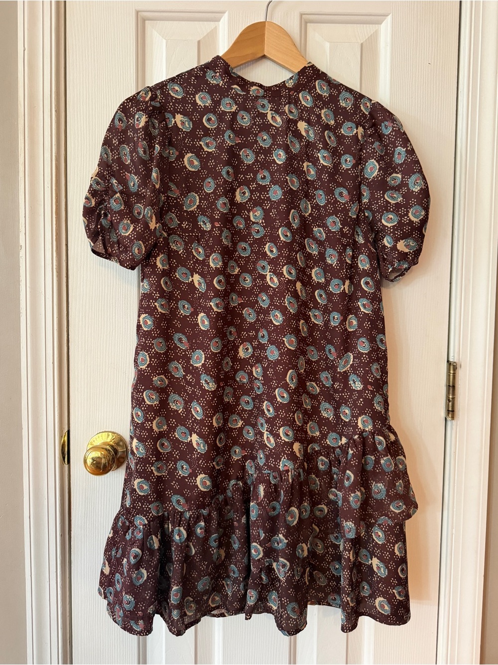 Free People Coffee Break Ruffle Hem Mini Dress  Brown XS Boho Puff Sleeves